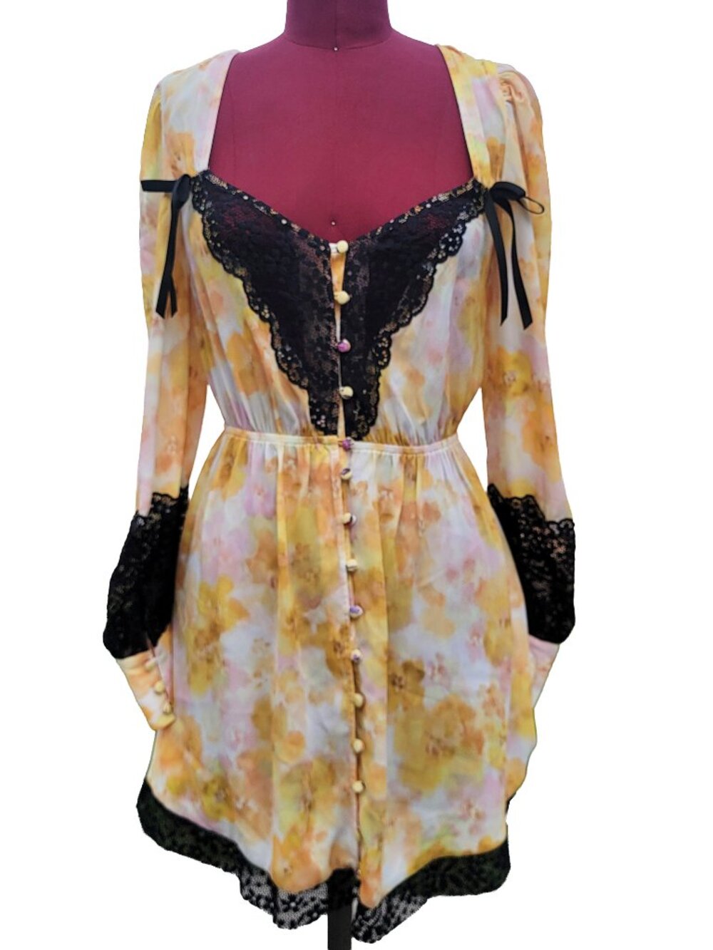 For Love & Lemons Dress Yellow Floral Chiffon Lace Trim Buttons Mini Small